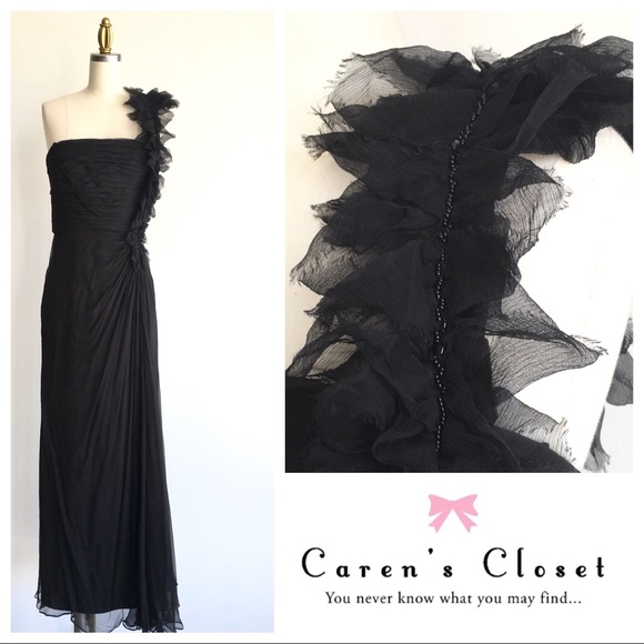 Reserved Tadashi Black Silk One Shoulder Gown - Picture 3 of 8